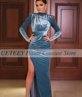 elegant deusty blue velvet formal prom dress beaded high neck split sexy long party evening gowns