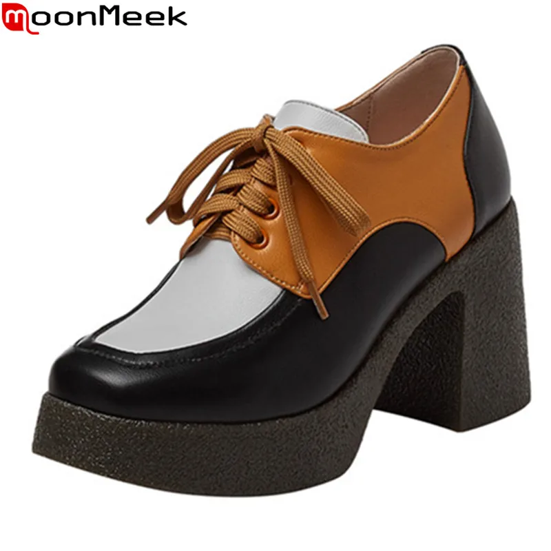 

MoonMeek Big Size 34-43 Women Pumps Genuine Leather Fashion High Heels Ladies Shoes Simple Square Toe Platform Party Shoes