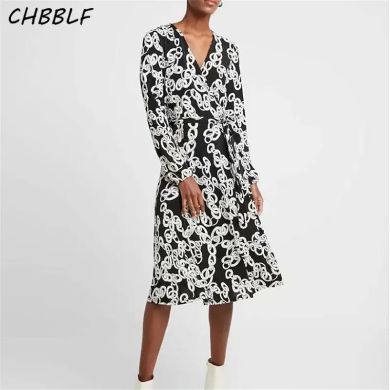 

CHBBLF women elegant print dress bow tie sashes long sleeve V neck female fashion dresses XDN9387