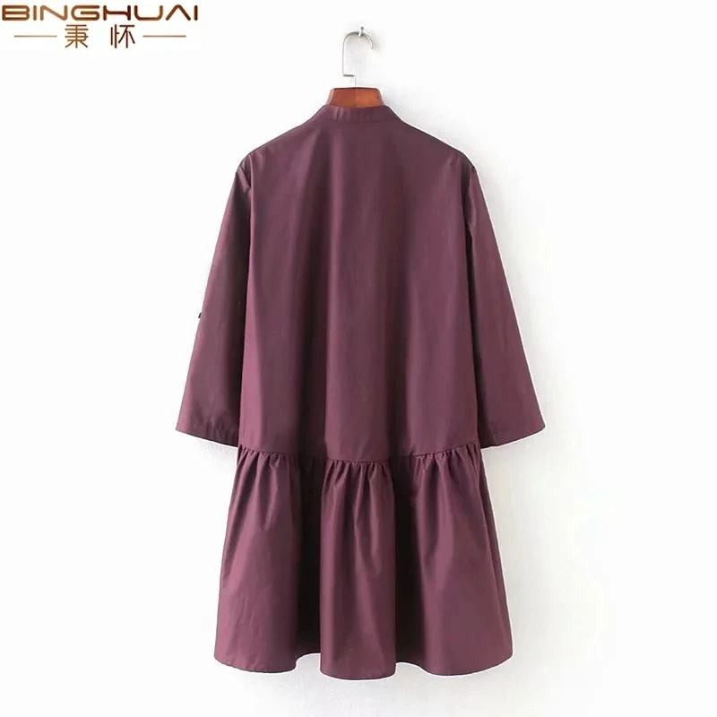 

Vintage Pleated mini shirt dress women summer dress three quarter sleeve office work dress casual korean dress 2019 vestidos