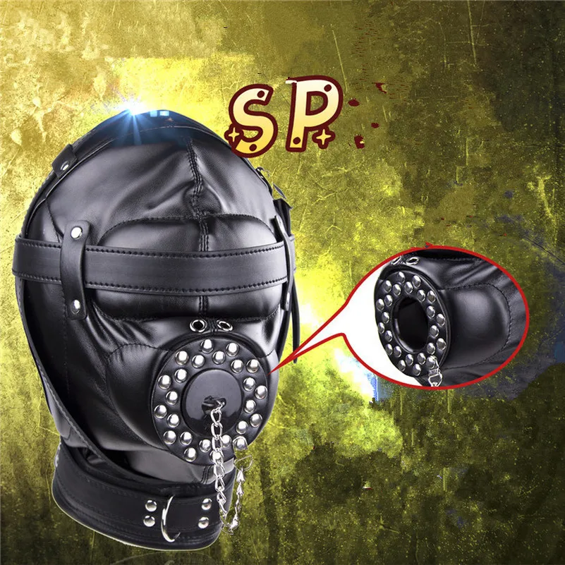 Премиум Фетиш из ПУ кожи бондаж капюшон открытый рот кляп черная маска секс раб