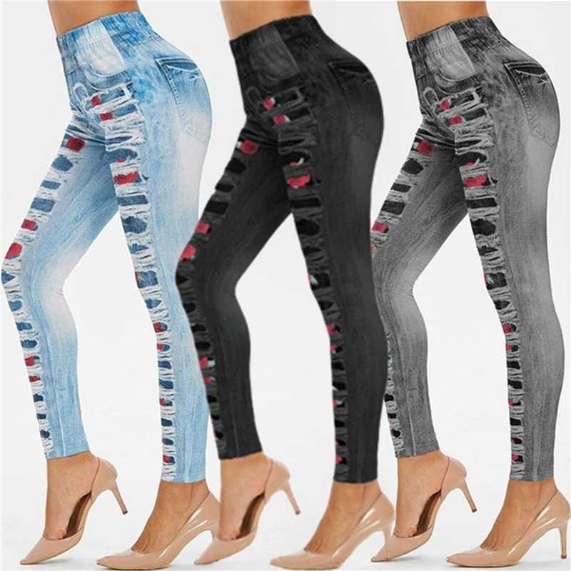 

Skinny Jeggings Plus Size 3D Rose Printed Ripped Denim Jeans High Elastic Pencil Pants Compression Tights Hole Slim Leggings