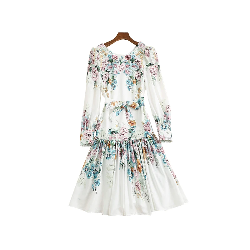 

JCHB 2021 early autumn new French print niche lace up show thin leaf swing skirt temperament dress