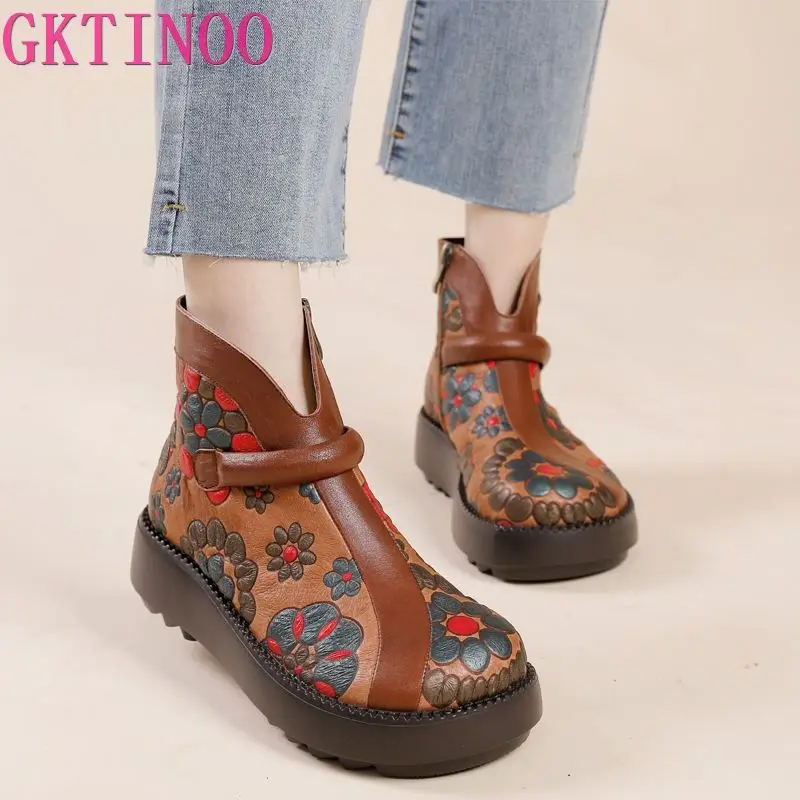 

GKTINOO 2022 Handmade Flower Women Boots Round Toes Genuine Leather Ankle Boots Wedges Shoes Vintage Boot