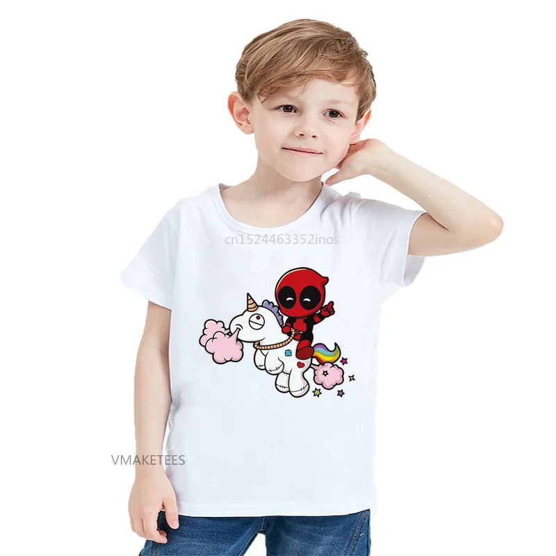 2018 летняя футболка для девочек и мальчиков Детская с принтом Chibi Deadpool on a Unicorn