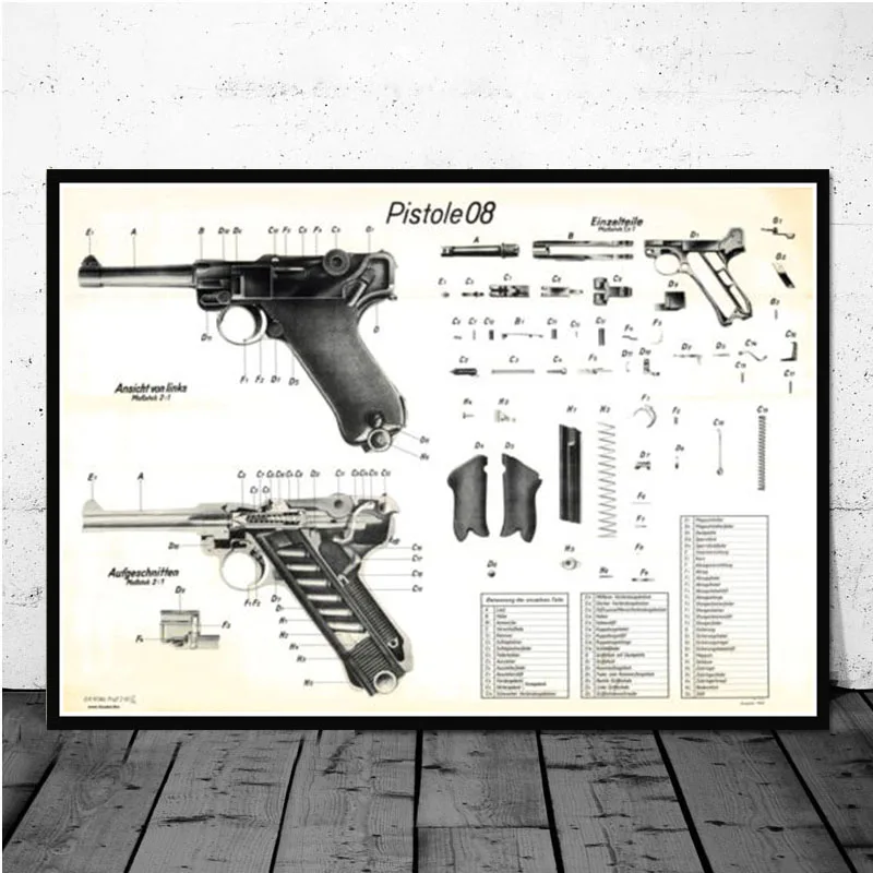 

Vintage Gun Blueprint Luger Pistol Patent Chart Nordic Poster Wall Art Canvas Painting Wall Pictures For Living Room Unframed