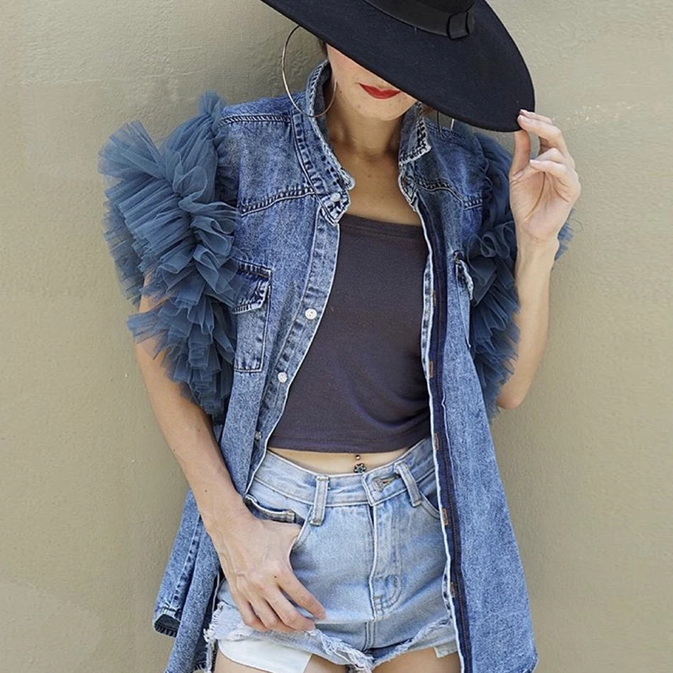 Женская джинсовая рубашка с коротким рукавом голубая Повседневная из джинсовой