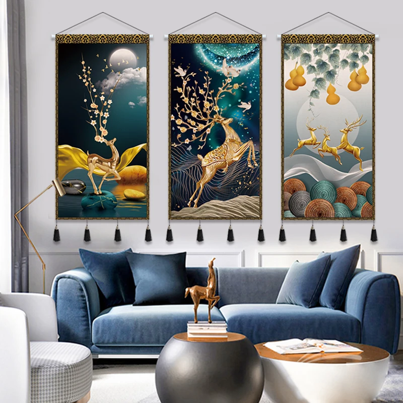 

Wall Pictures Print Poster golden Sika Deer Art Canvas Painting Chinese Style Scroll Painting Hanging Living Room Decor