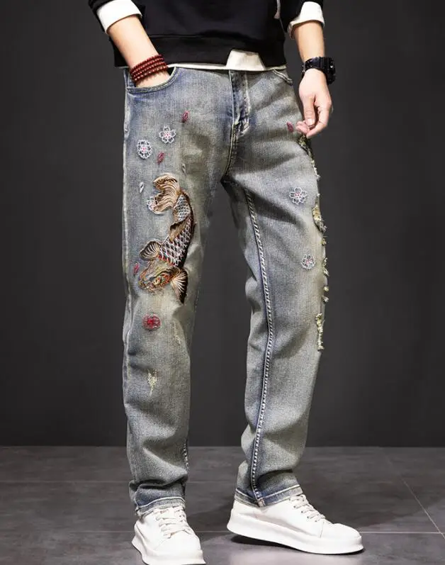 Brocade Carp Embroidered Jeans Men Straight Slim-Fit Distressed Washed Jeans Baggy Denim Pants Size 28-41