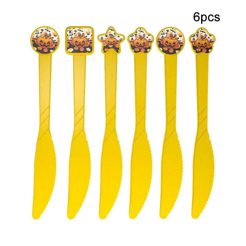 knife-6pcs Halloween Candy Pumpkin Head Theme Creative Party Package Decoration Party Supplies Party Disposable Tableware Cup Plate - Цвет: knife-6pcs