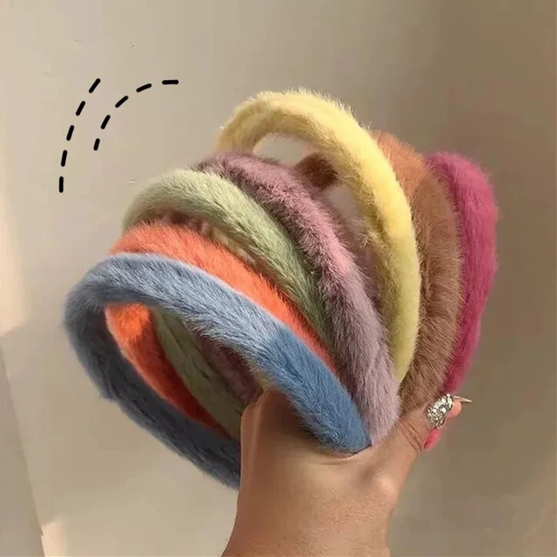 

New Girly Sweet Candy Color Imitation Rabbit Fur Hair Hoop Bezel Plush Headband Autumn Winter Fur Hair Accessories For Women Hot