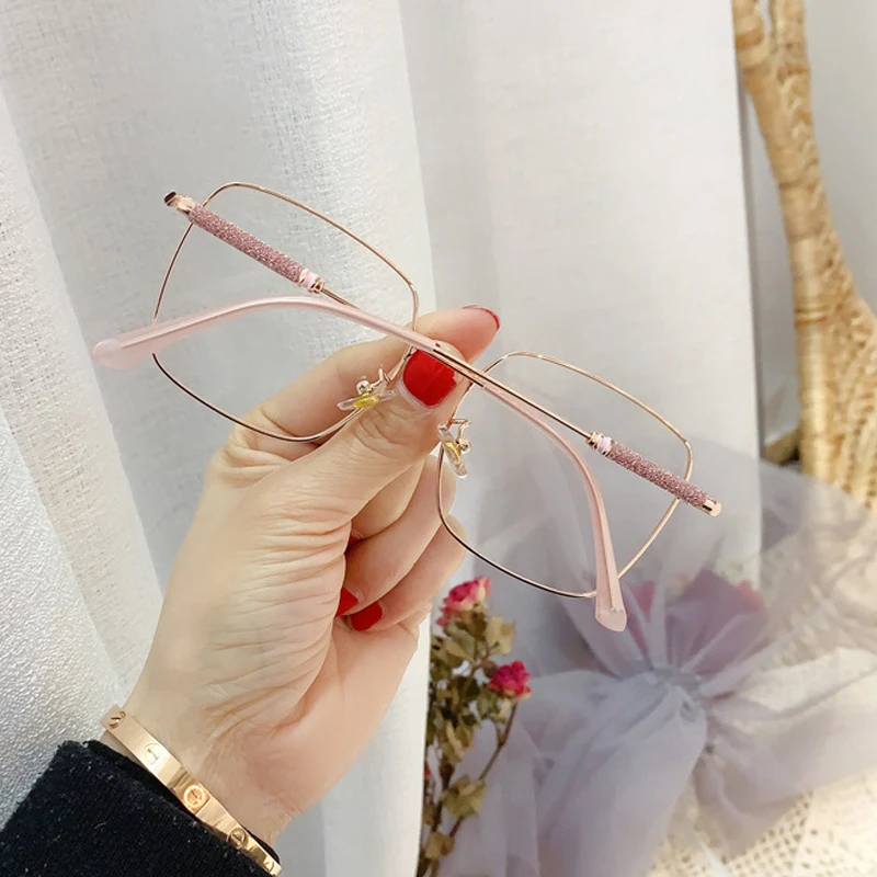 

Anti-blue light crystal shiny leg women's glasses 2020 new fashion alloy square pink gold eyeglasses female computer eyewear