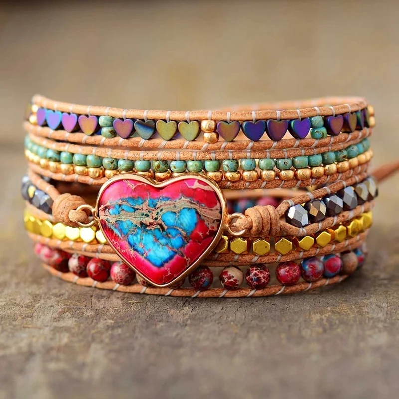 

Классические браслеты с кожаной окантовкой в форме сердца с разными камнями Jaspers Beads, прямой браслет, классические ювелирные изделия
