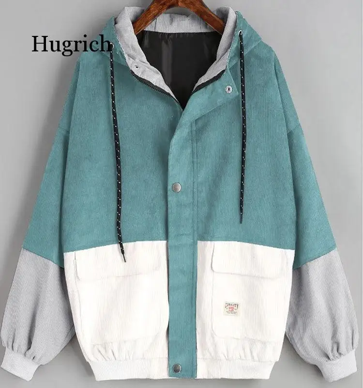 

Winter Warm Color Block Hooded Corduroy Jacket Drawstring Hit Color Patched Pocket Thick Basic Women Coat Harajuku New
