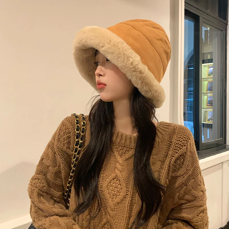 

Comfortable Fur Winter Warm Bucket Hats Women Warming Panama Hat Lady Fluffy Outdoor Thick Fisherman Cap Hat