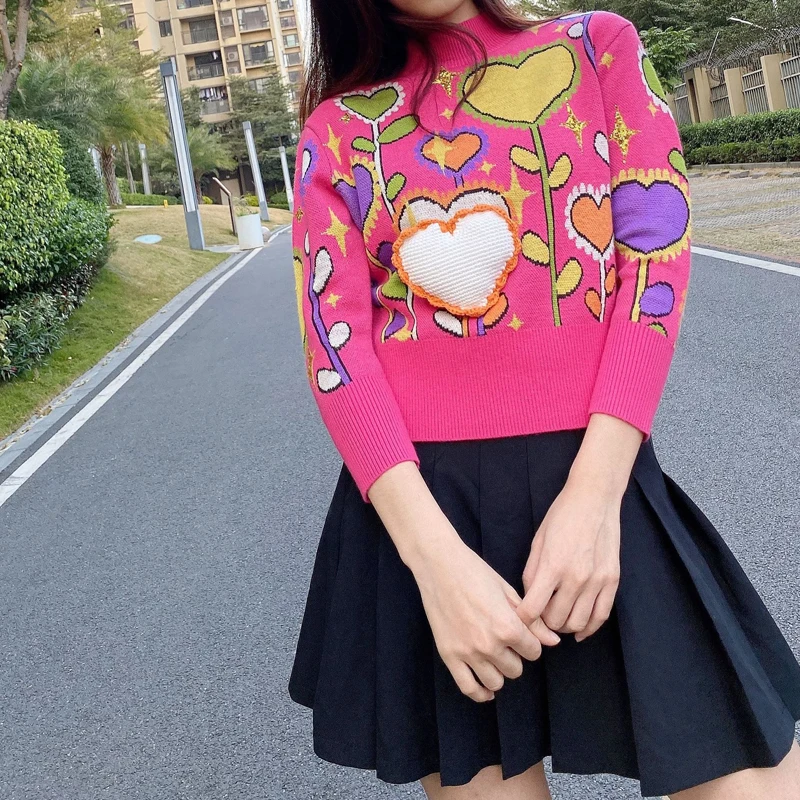 

Женский винтажный жаккардовый свитер, Розовый Повседневный вязаный пуловер с длинным рукавом и принтом Love, джемпер, укороченные топы, одежд...