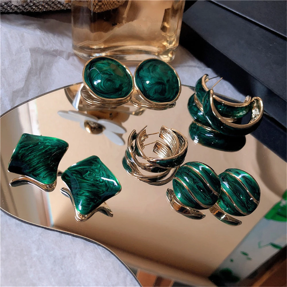 

Green C-Shaped Geometric Earrings For Women 2021 Trend Jewelry Korean Fashion Colorful Glaze Exaggerated Vintage Accessories