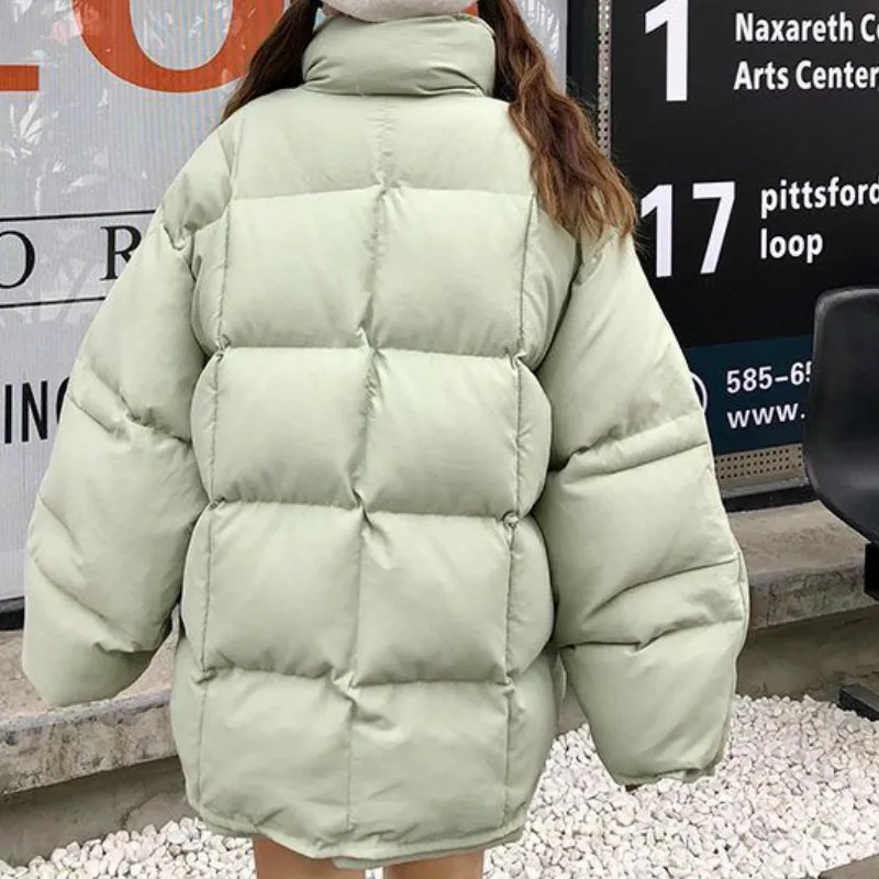 

Short Style Parkas Women Thicker Warm Solid Color Drawstrings Adjustable Stand Collar Korean Style Womens Students Outwear Loose