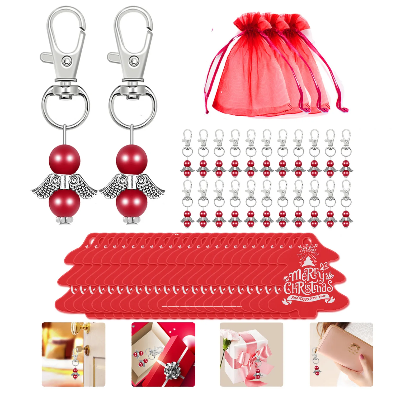 

24pcs Cute Keychain Christmas Gifts Angel Wings Christmas Tree Snowman Ornament New Year Gift Accessories Key Chains