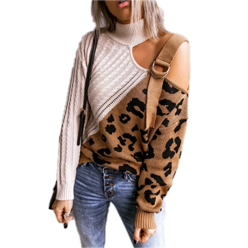

Sexy Irregular off-the-Shoulder Stitching Leopard Print Pullover High Collar Knitted Sweater for Women