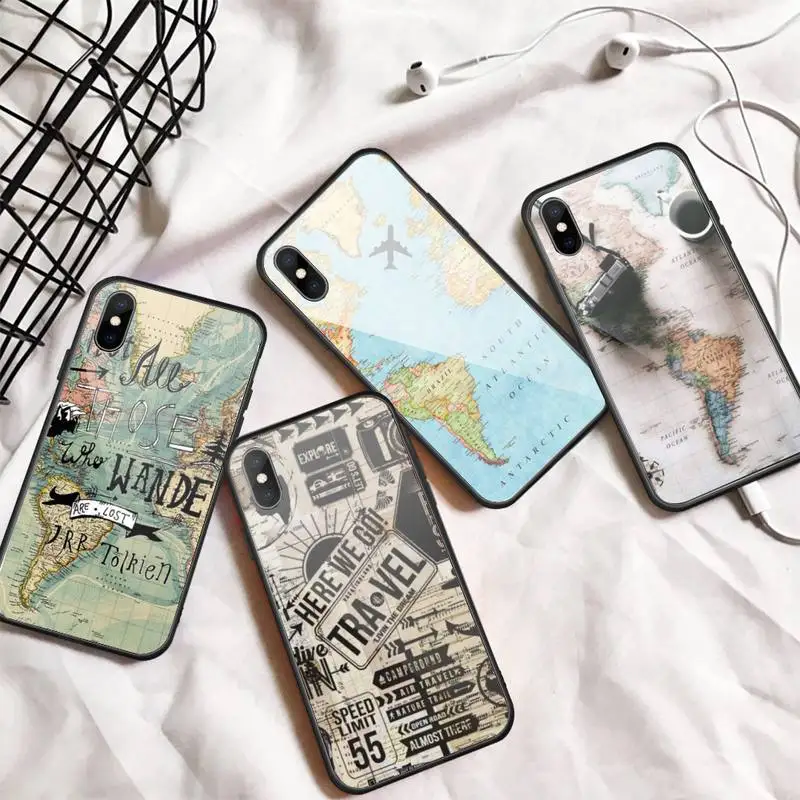 

World Map Travel plane Phone Case Tempered glass For iphone 5C 6 6S 7 8 plus X XS XR 11 PRO MAX