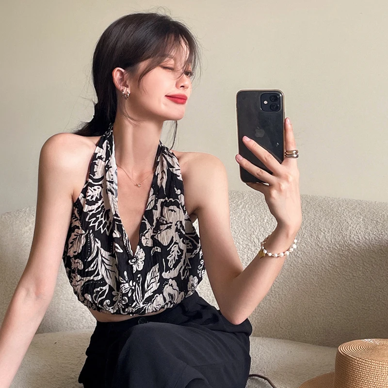 

Женский топ без рукавов с v-образным вырезом и открытыми плечами, винтажный пляжный стиль, сексуальные футболки с открытой спиной, Летний ст...