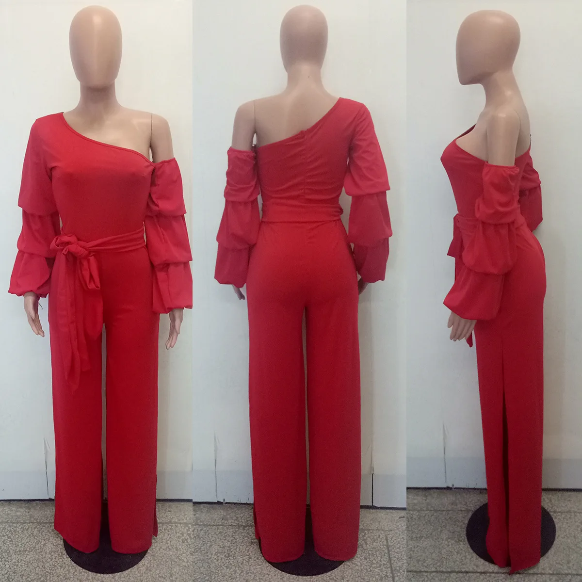 

2021 Autumn New Arrival Slim-fit Double-sided Split Lantern Sleeves Jumpsuit Skew Collar with Waist Belt Yellow Red Black Blue