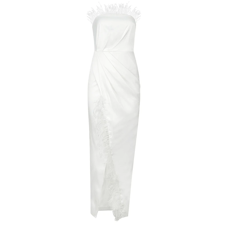 white dress Высокое качество черно-белое Бандажное вечерние сексуальное платье без бретелек с перьями; Длина с низким вырезом на спине Дамская Праздничная женское платье Vestidos - Цвет: white dress