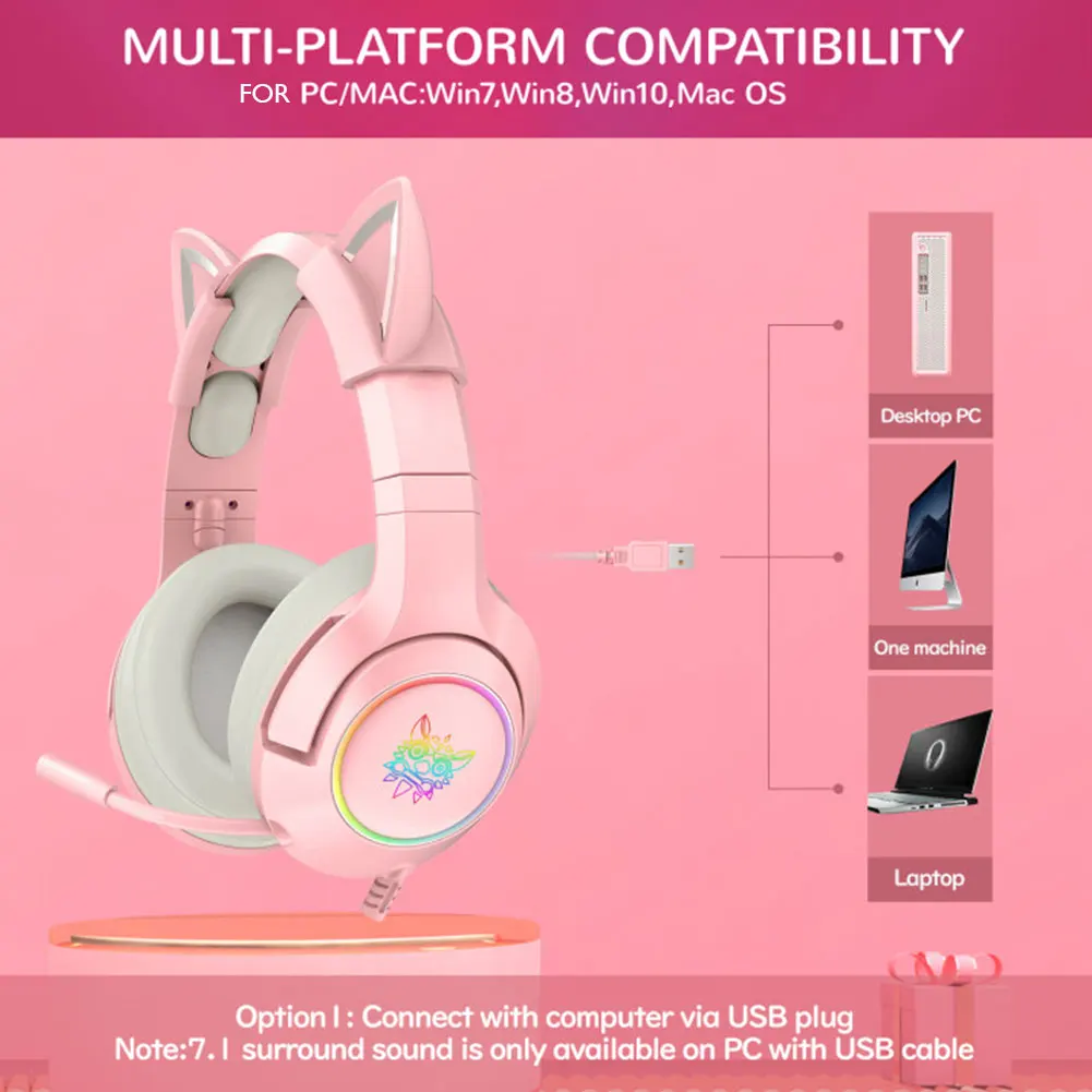 Verkauf ONIKUMA K9 Rosa Gaming Kopfhörer Für Mädchen Nette Katze Ohr Stereo Headset Mit Mic & LED Licht Für PC/laptop/PS4/ Xbox One