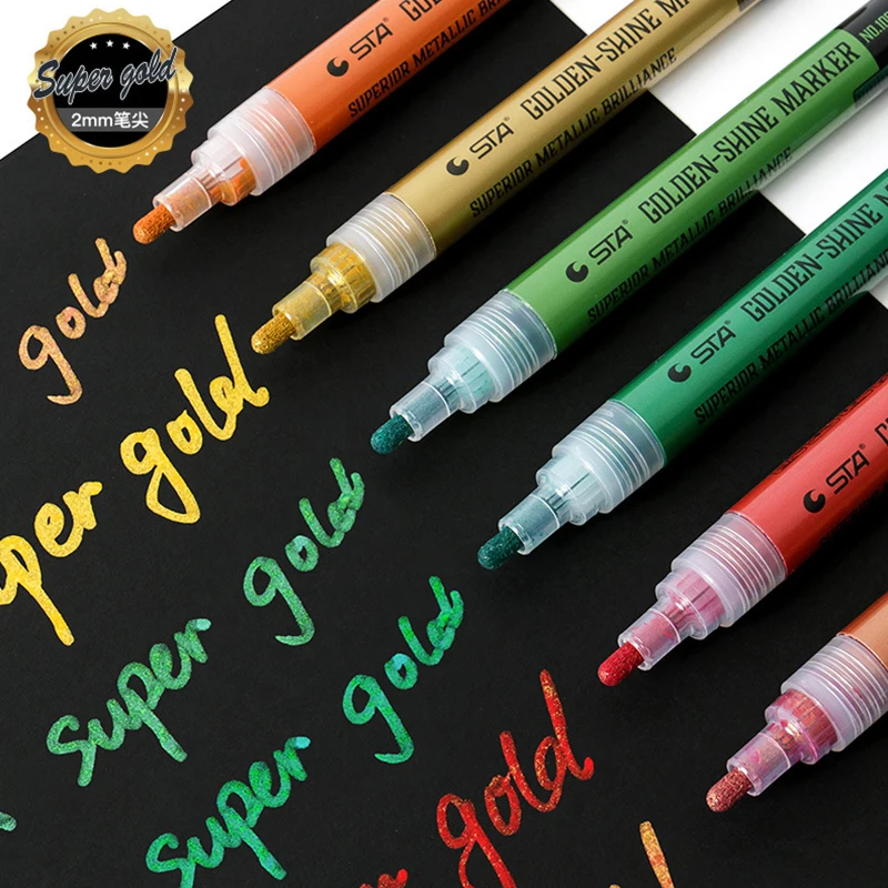 

STA 6Colors Super Golden-shine Markers Water-proof Metallic Marker Pen For Model Coloring Paint pens Metal Cloth Glass Wood