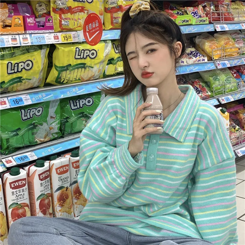Полосатый свитер женские пуловеры Ulzzang Harajuku шикарный модный милый мягкий теплый