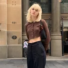 Трикотажная футболка Harajuku, короткий топ с длинным рукавом, кардиганы на пуговицах, трикотажная Милая футболка, женские осенние коричневые топы, уличная одежда Y2K