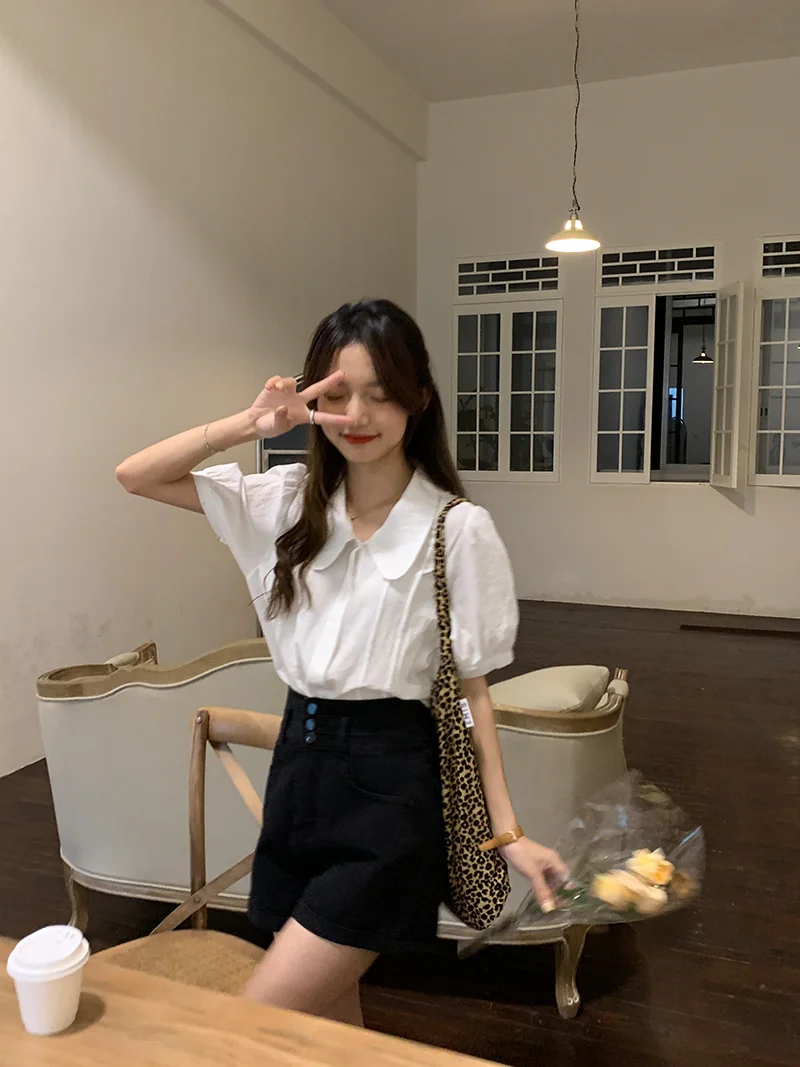 Женская шифоновая блузка с коротким рукавом белая Свободная в Корейском стиле