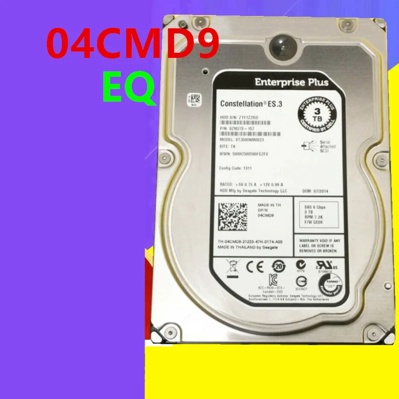 

95% New HDD For Dell EQ PS6210 PS6510 3TB 3.5" SAS 128MB 7.2K For Internal HDD For Server HDD For 4CMD9 04CMD9 ST3000NM0023