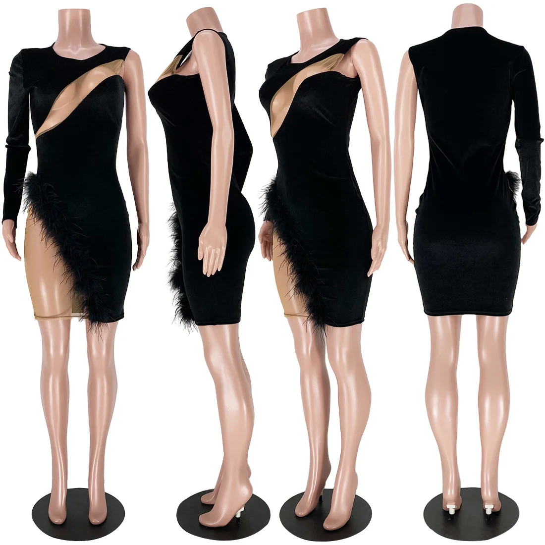 

Echoine Sheer Mesh Patchwork Feather One Shoulder Off Shoulder One Sleeve Split Sexy Skinny Bodycon Party Club Mini Dress