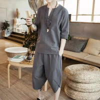 summer cotton linen suit mens chinese style large size loose casual tang suit hanfu t shirt two piece mens clothing