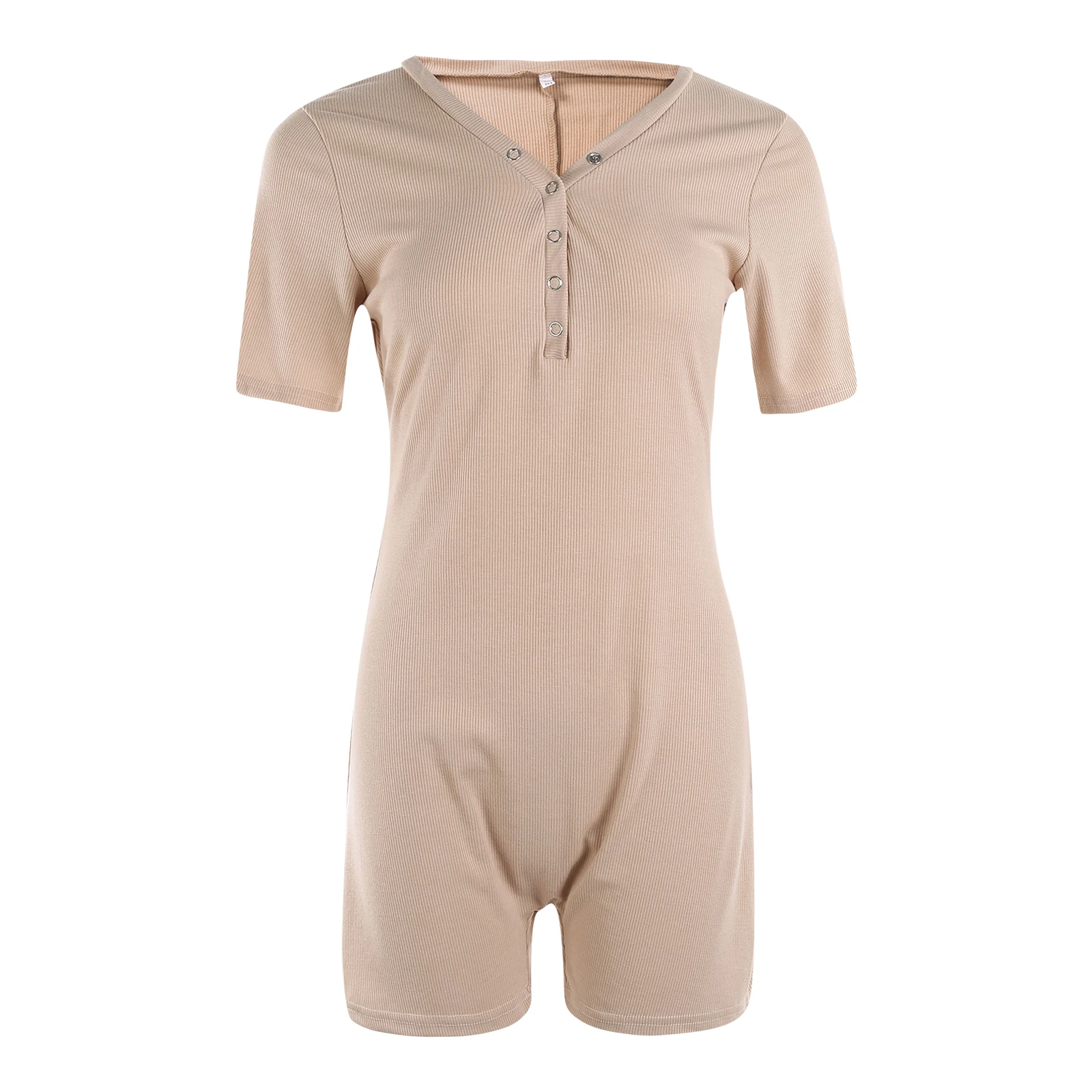 

Women Sexy Romper Solid Color Short Sleeve Snap Closure V-neck Playsuit (Burgundy Red, Olive Green, Nude)