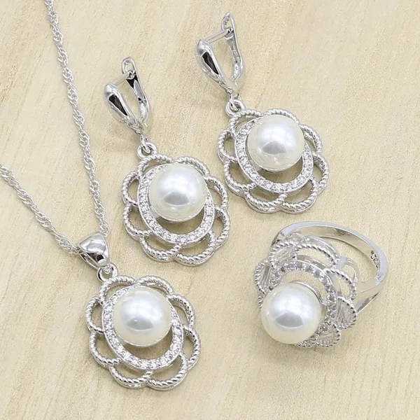 White Pearl Белый и розовый жемчуг 925 серебряные свадебные комплекты украшений для женщин серьги подвеска из колец ожерелье День рождения Свадьба Подарок - Окраска металла: White Pearl