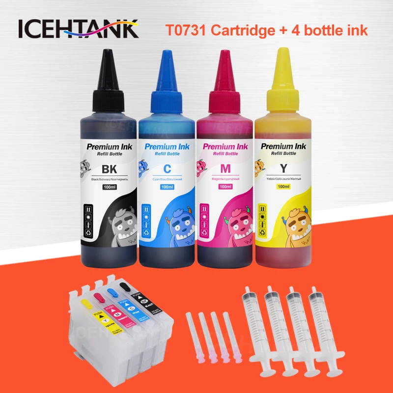ICEHTANK Ink Cartridges For Epson T0731 Stylus TX210 TX213 TX219 TX220 TX228 TX300F TX400 Printer +4 Color 100ml Bottle Dye Ink