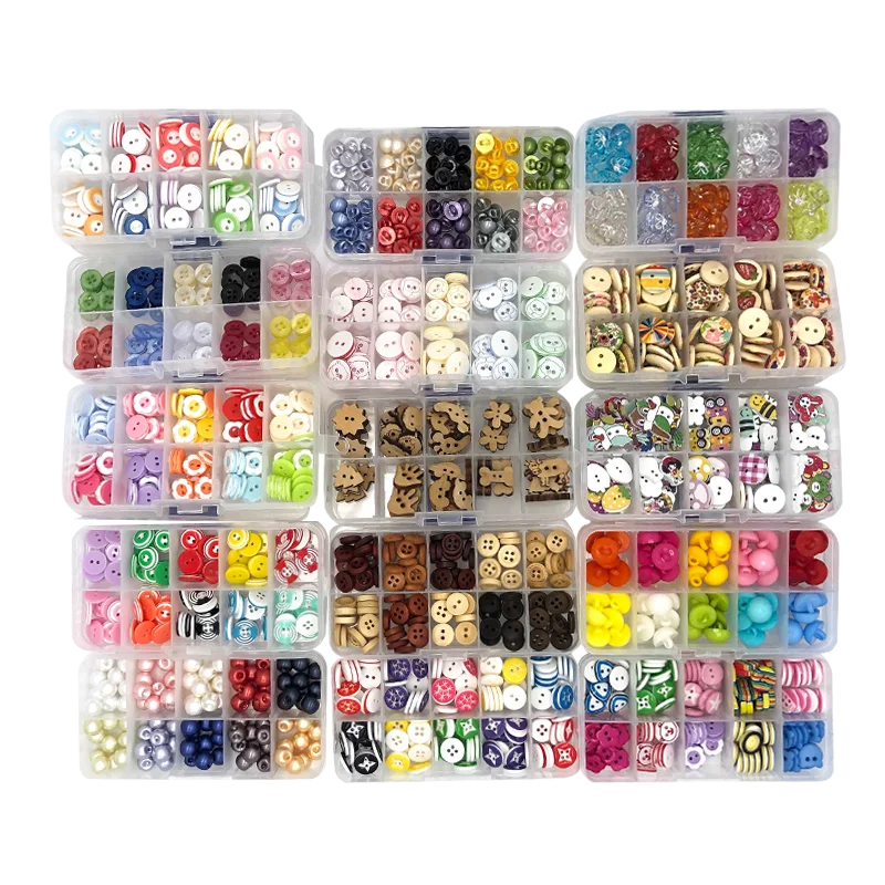 150 Pcs 10-15 mm Resin/Wooden Buttons 2 Holes 15mm Mixed Wood Buttons Sewing Accessories for Clothing Decoration DIY Boxed