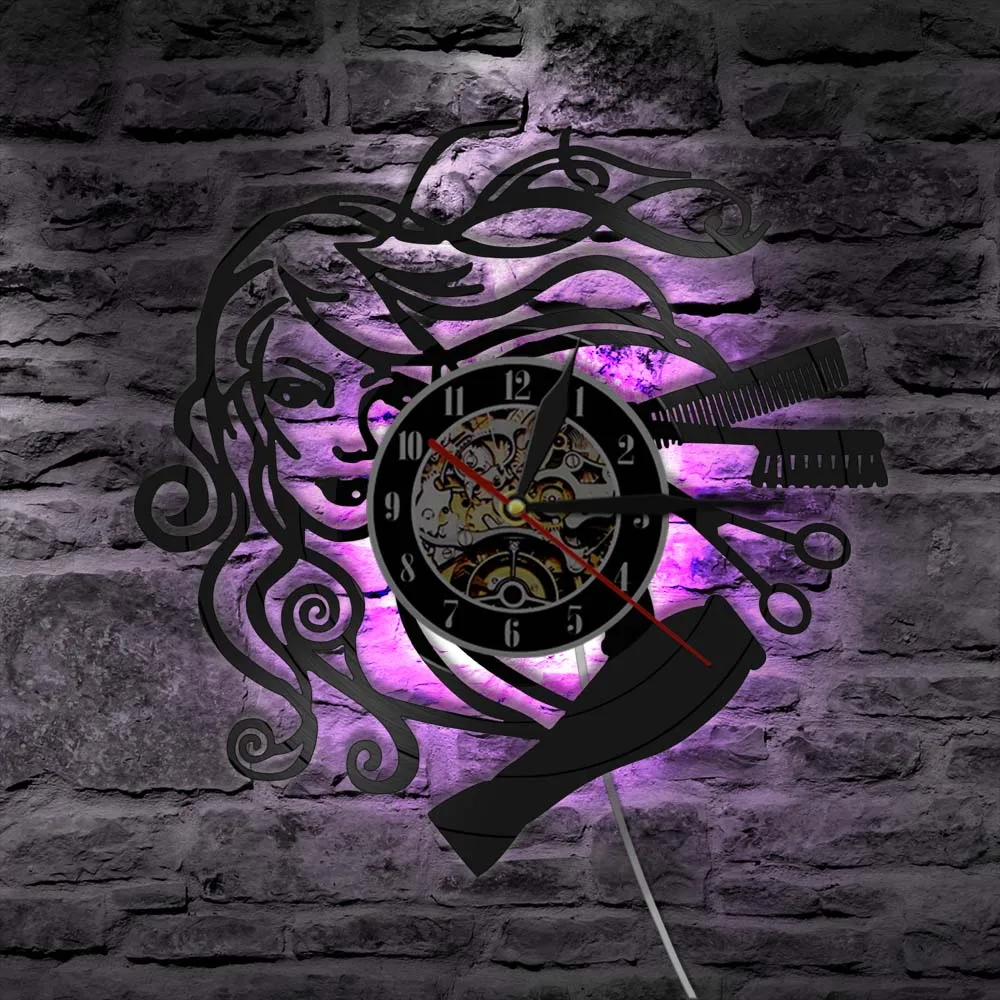 Барбершоп виниловая запись светодиодный настенные часы современный дизайн