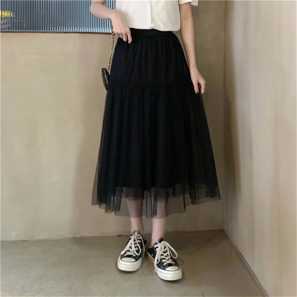 

Summer Elegant Mesh Pleated Skirt Office Lady High Waist Loose Mid Skirts Women Fashion Casual Elastic Waist All Match Skirt