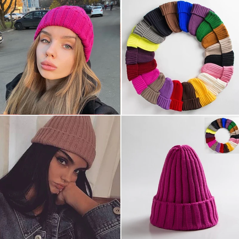 

Unisex Knit Cotton Blends Solid Warm HIP HOP Knitted Hats Men Women's Skullies Beanies For Girl Cap Winter Hats For Women