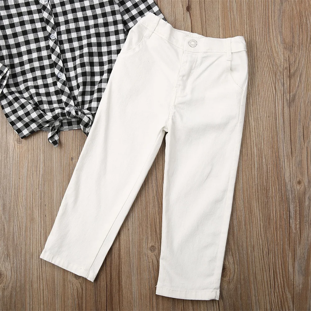 

2019 New Toddler Kids Baby Girl Trouser Outfits 2PCS Fashion Autumn Plaid Long Sleeve Top White Denim Pants
