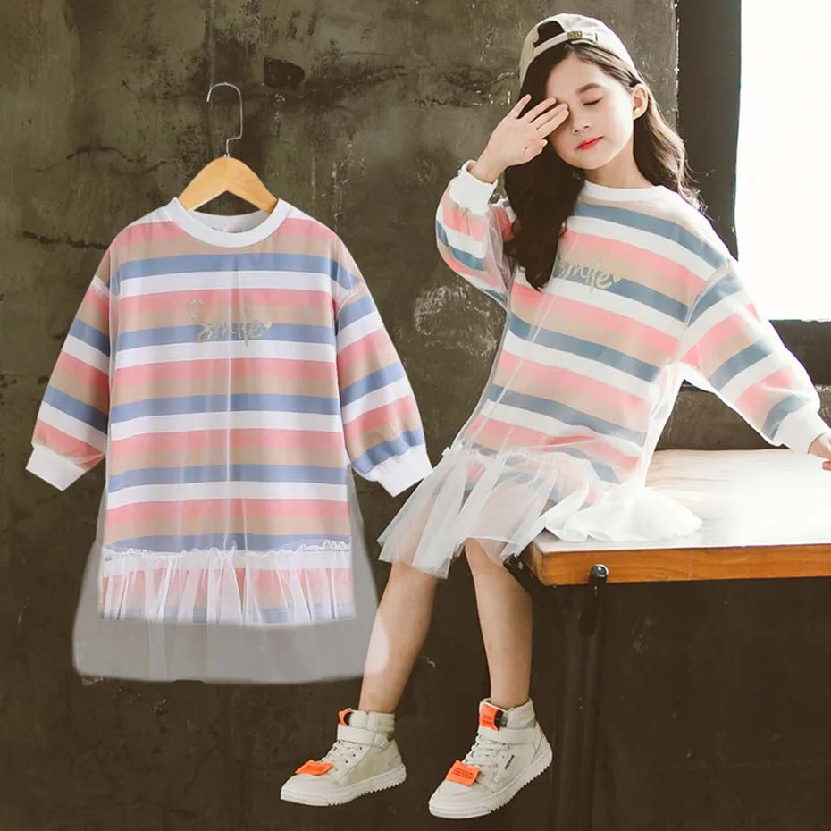 Dresses For Girls Letter Print Party Dress O-Neck Children Mesh Fall Winter Casual Children's Costumes | Детская одежда и