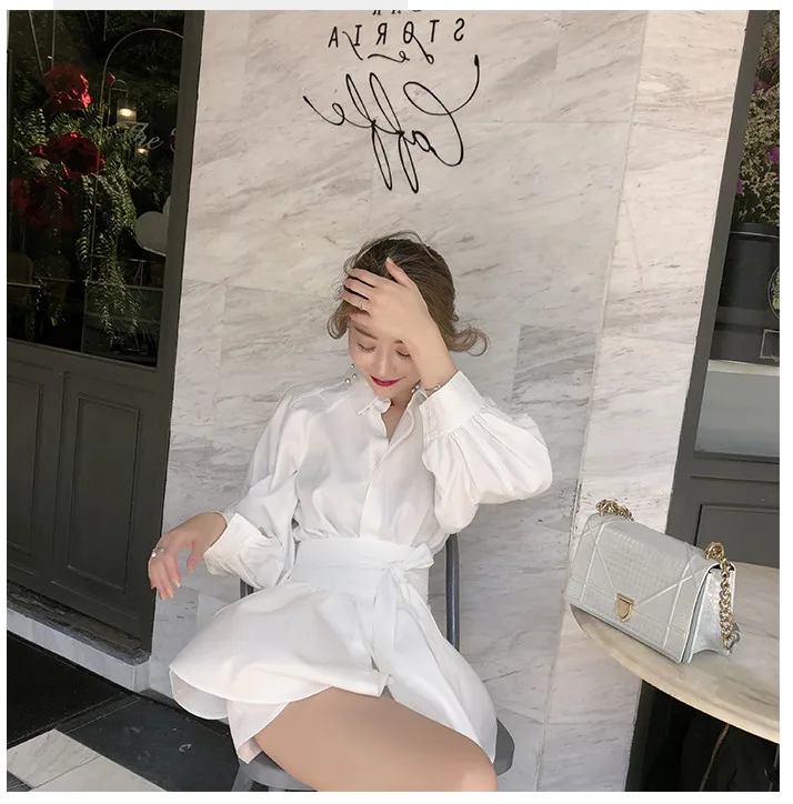 

High Quality Summer Fashion White Long Shirt Casual Suit Female Lantern Sleeve + Wide Leg Short Pant Two-piece Suit With Belt