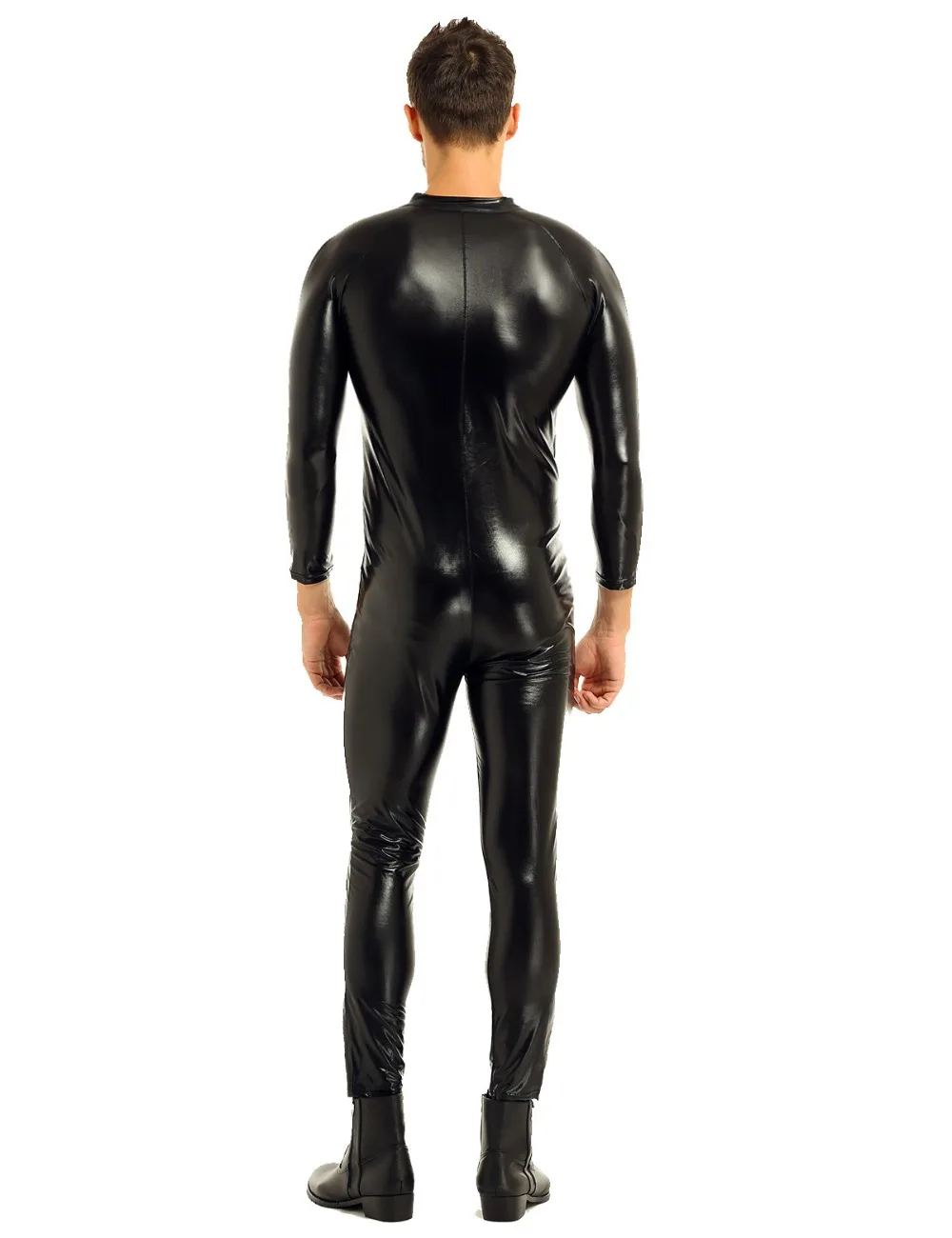IEFiEL мода мото мужчины бодичулок лакированная кожа Wetlook передний Облегающий комбинезон с застежкой-молнией комбинезон Ночная Клубная одежда костюм представление