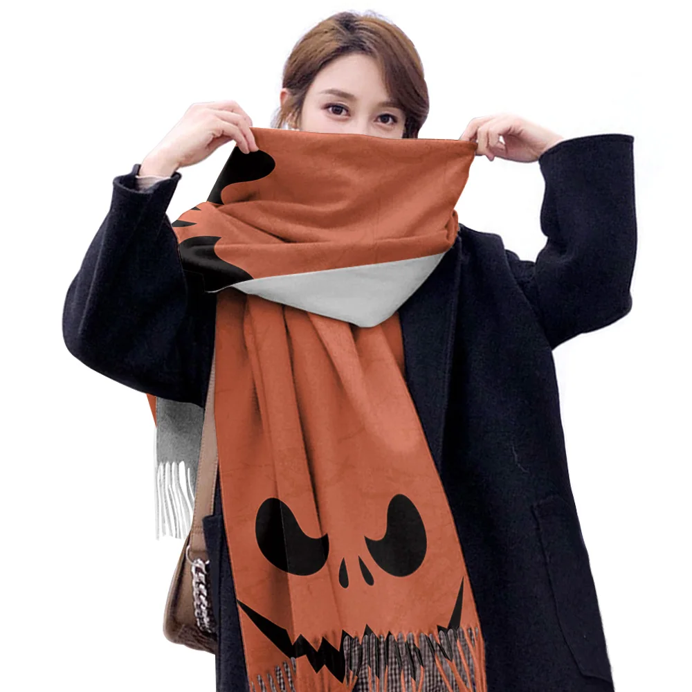 Хэллоуин Тыква Оранжевый злые экспрессии женский модный кашемировый шарф синее