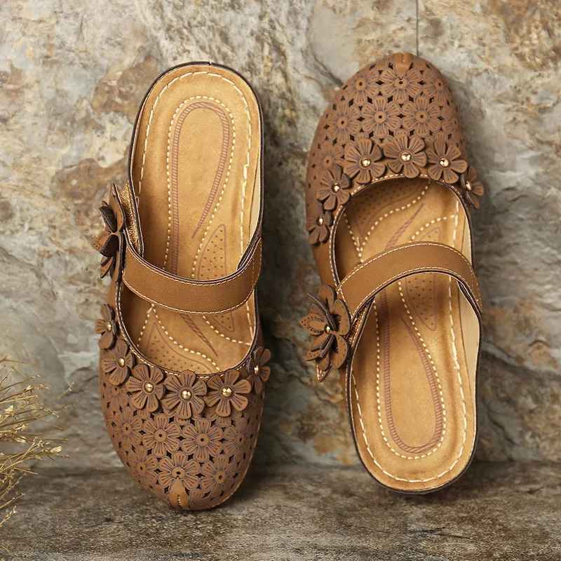 Женские сандалии с цветочным принтом Винтажная обувь удобные до щиколотки