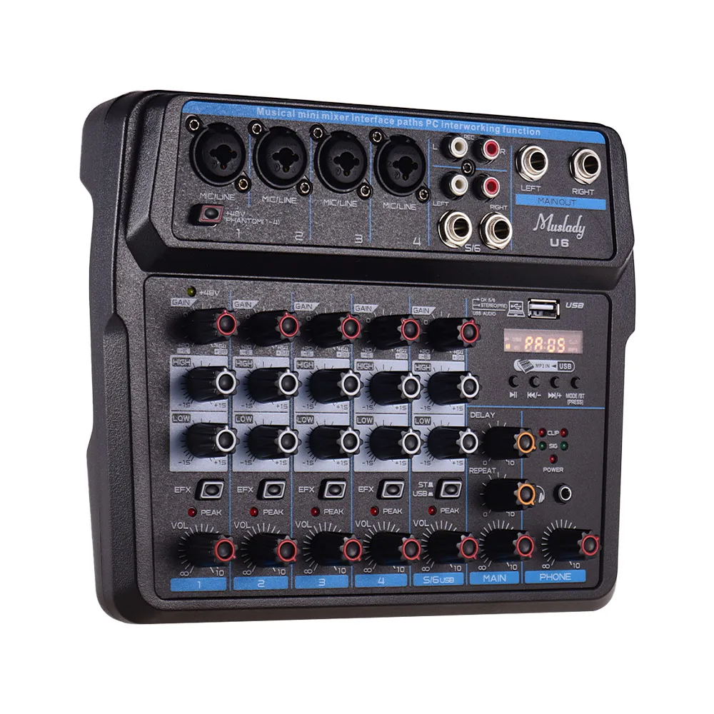 Музыкальный Мини миксер Muslady U4/U6 6 каналов аудиомиксеры BT USB микшерная консоль со